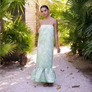 Damaris Bailey Glicina Satin Slip Maxi Green Floral Ruffle Hem Small EUC